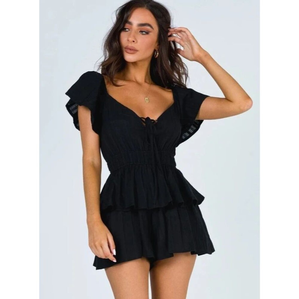 Princess Polly Black Ruffle Tie Front Romper Playsuit US 8
